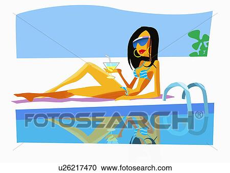 Woman in a bikini and sunglasses lounging by swimming pool with a cocktail View Large Illustration Clipart - Woman in a bikini and sunglasses lounging by swimming pool with a cocktail. Fotosearch
