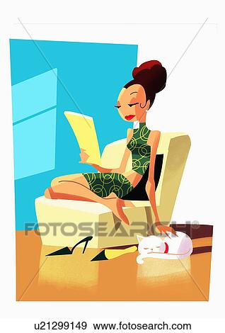 Stock Illustration - Woman sitting in armchair with her heels off and cat by her side. Fotosearch