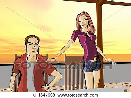 Young couple on terrace during sunset View Large Illustration Stock Illustration - Young couple on terrace during sunset. Fotosearch