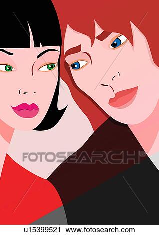 Clip Art - Young couple with heads together looking thoughtful. Fotosearch