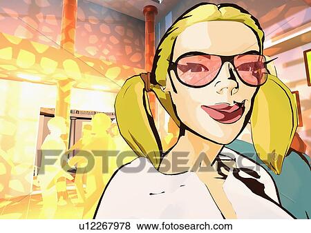 Stock Illustration - Young trendy blonde with pigtails and sunglasses in a club. Fotosearch