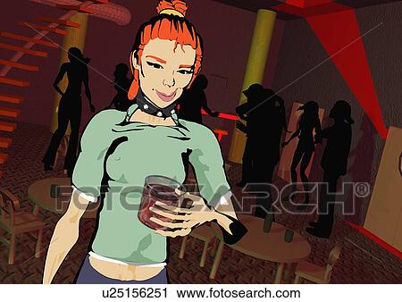 Clip Art - Young trendy woman in a club with a drink. Fotosearch