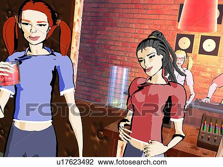 Young trendy women in a nightclub View Large Illustration Drawing - Young trendy women in a nightclub. Fotosearch