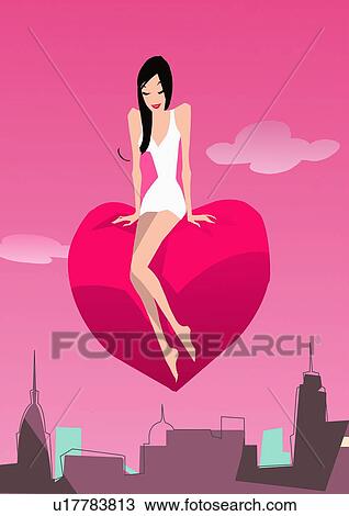 Young woman sitting on heart in the sky View Large Illustration Drawing - Young woman sitting on heart in the sky. Fotosearch