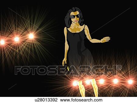 Young woman wearing sunglasses in the night with lights View Large Illustration Drawing - Young woman wearing sunglasses in the night with lights. Fotosearch