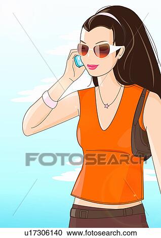 Clipart - Casual woman with sunglasses talking on mobile phone. Fotosearch