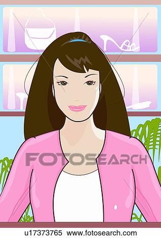 Stock Illustration - Closeup of woman in front of a shoe and bag store. Fotosearch