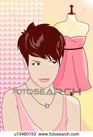 Closeup of woman with a dress on a mannequin in the background View Large Illustration Drawing - Closeup of woman with a dress on a mannequin in the background. Fotosearch