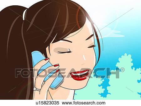 Stock Illustration - Closeup of young woman on mobile phone. Fotosearch
