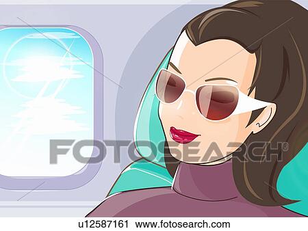 Closeup of young woman traveler in airplane View Large Illustration Clip Art - Closeup of young woman traveler in airplane. Fotosearch
