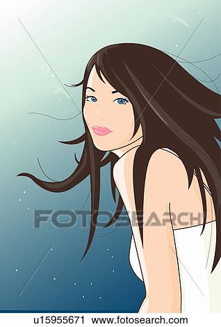Clip Art - Portrait of young woman with long brown hair. Fotosearch