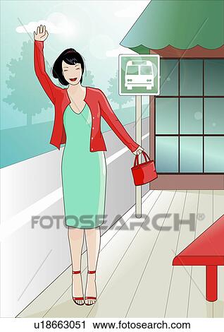 Clip Art - Woman at bus station flagging down the bus. Fotosearch
