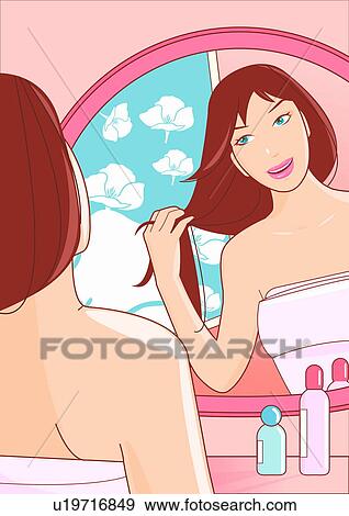 Woman at dresser mirror View Large Illustration Stock Illustration - Woman at dresser mirror. Fotosearch