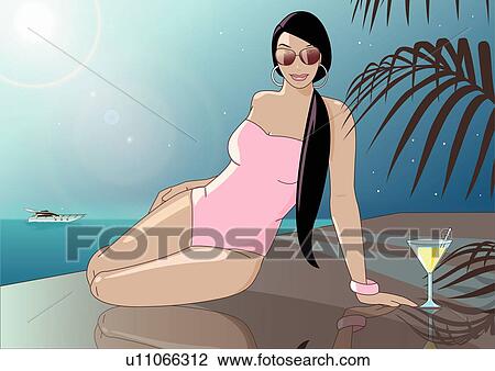 Woman in a pink bathing suit and sunglasses lounging by the water with a cocktail View Large Illustration Drawing - Woman in a pink bathing suit and sunglasses lounging by the water with a cocktail. Fotosearch