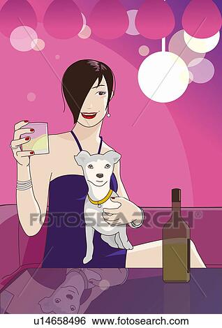 Woman in bar with a drink and her dog View Large Illustration Stock Illustration - Woman in bar with a drink and her dog. Fotosearch