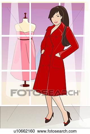 Woman in her winter coat in front of clothing store View Large Illustration Clipart - Woman in her winter coat in front of clothing store. Fotosearch