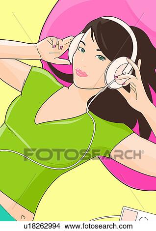 Stock Illustration - Woman lying down with her headphones. Fotosearch