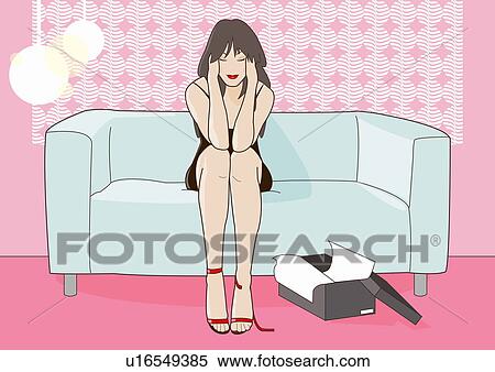 Stock Illustration - Woman on a sofa trying on a new pair of shoes. Fotosearch