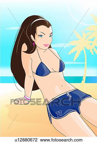 Drawing - Woman on beach with bikini top and shorts. Fotosearch