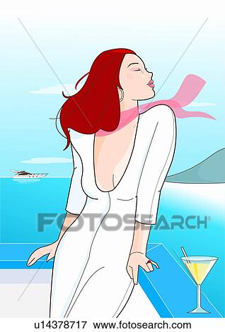 Stock Illustration - Woman on seaside balcony with a martini. Fotosearch