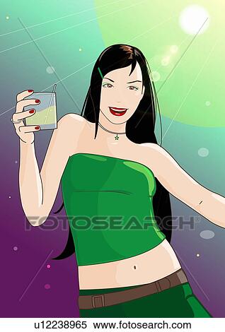 Stock Illustration - Woman on the dancefloor toasting her drink. Fotosearch
