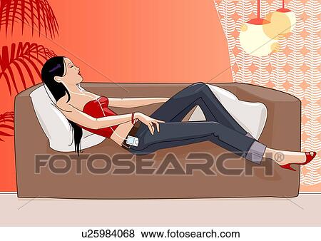 Stock Illustration - Woman relaxing with her ipod on the couch. Fotosearch