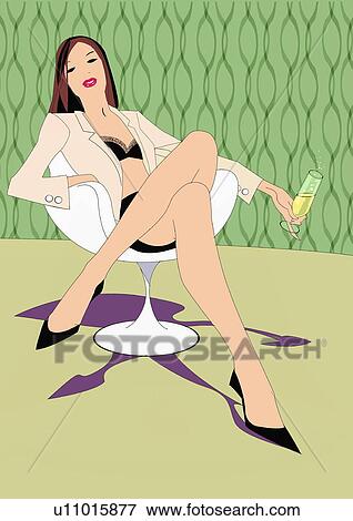 Woman sitting on a chair with a drink in her lingerie and a jacket View Large Illustration Stock Illustration - Woman sitting on a chair with a drink in her lingerie and a jacket. Fotosearch