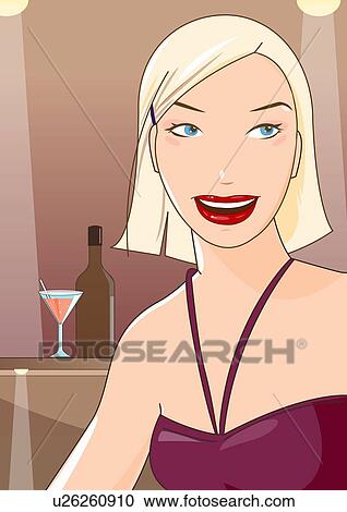 Clipart - Woman smiling in a bar with her drink in the background. Fotosearch