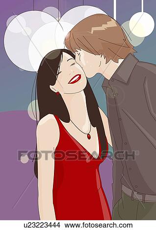 Young man kissing young woman on the cheek in a club View Large Illustration Stock Illustration - Young man kissing young woman on the cheek in a club. Fotosearch