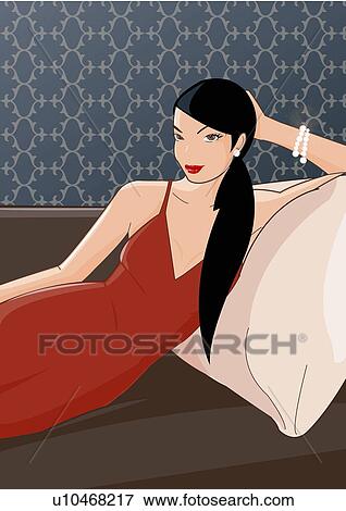 Young woman dressed up leaning on a pillow View Large Illustration Stock Illustration - Young woman dressed up leaning on a pillow. Fotosearch