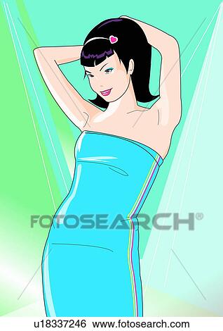 Stock Illustration - Young woman in a dress with a heart in her hair. Fotosearch