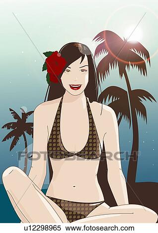 Stock Illustration - Young woman in bikini with flower in her hair. Fotosearch