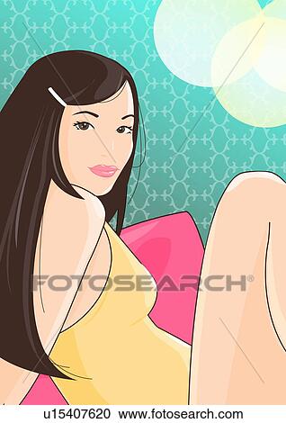 Clipart - Young woman in tank top and bare legs. Fotosearch