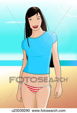 Clipart - Young woman on beach with T-shirt and bikini bottoms. Fotosearch