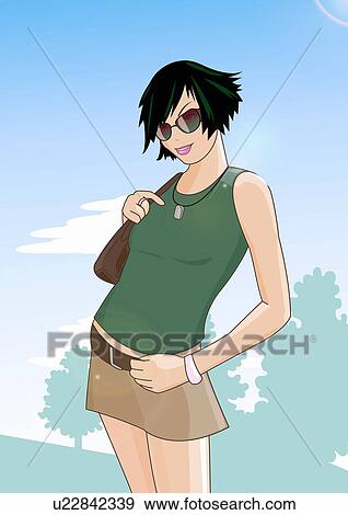 Young woman posing in a miniskirt with sunglasses View Large Illustration Stock Illustration - Young woman posing in a miniskirt with sunglasses. Fotosearch
