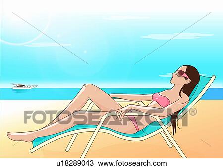 Drawing - Young woman sunbathing in chaise lounge. Fotosearch