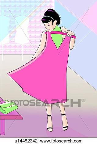 Drawing - Young woman trying out a pink dress in a store. Fotosearch