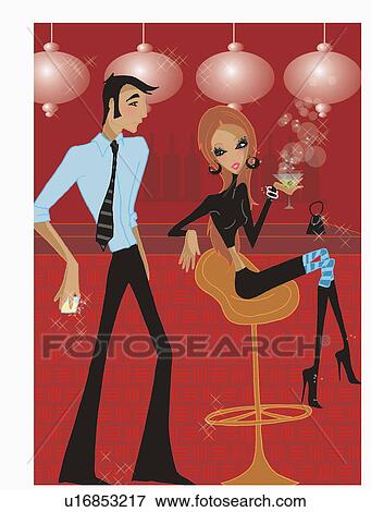 人 接近 女 バーで イラスト U Fotosearch