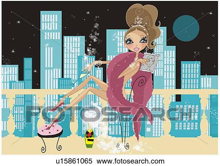 Barely dressed woman on a terrace with champagne and a man's picture View Large Illustration Stock Illustration - Barely dressed woman on a terrace with champagne and a man's picture. Fotosearch