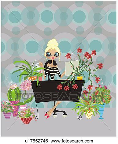 Blonde woman at desk with plants View Large Illustration Stock Illustration - Blonde woman at desk with plants. Fotosearch