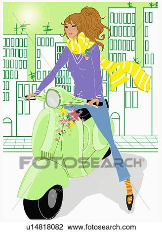 Drawing - Brunette driving light green scooter. Fotosearch