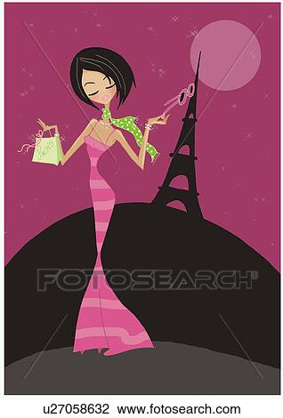 Fashionable dark-haired woman in evening gown in front of profile of the Eiffel Tower in Paris View Large Illustration Drawing - Fashionable dark-haired woman in evening gown in front of profile of the Eiffel Tower in Paris. Fotosearch