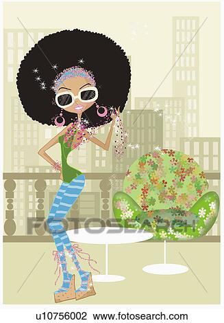 Drawing - Funky woman in an afro on a terrace. Fotosearch