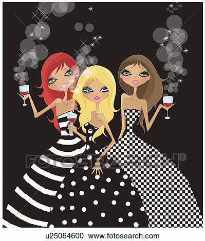 Three women dressed up holding glasses of red wine View Large Illustration Clipart - Three women dressed up holding glasses of red wine. Fotosearch
