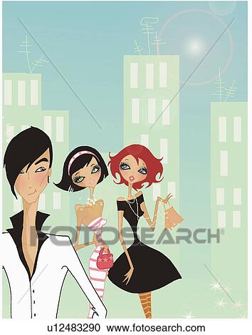 Clipart - Two women looking at a well-dressed man. Fotosearch