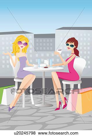Two women sitting outside with coffee and their shopping bags View Large Illustration Stock Illustration - Two women sitting outside with coffee and their shopping bags. Fotosearch