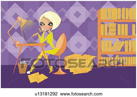 Drawing - Woman at desk with laptop surrounded by files and bookshelf. Fotosearch