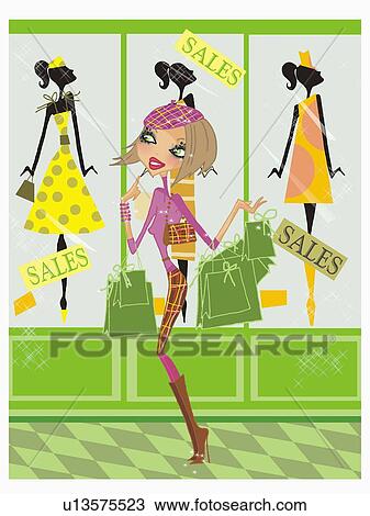Drawing - Woman browsing the shop windows with sale signs. Fotosearch