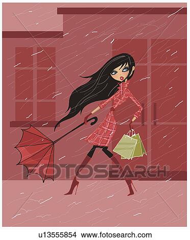 Stock Illustration - Woman holding onto her umbrella in a rainstorm. Fotosearch