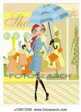 Clipart - Woman holding umbrella in the rain with many shopping bags. Fotosearch
